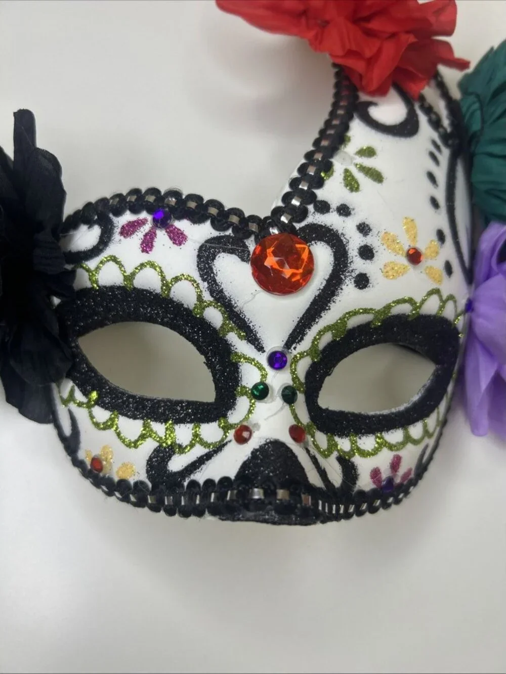 Handmade Day of the Dead Sugar Skull Mask -Red Black Purple Green Flowers, Used